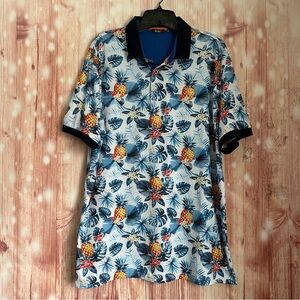 Bohio Blue Floral Pineapple Palm Leaf Print Hawaiian Polo Shirt Size XL